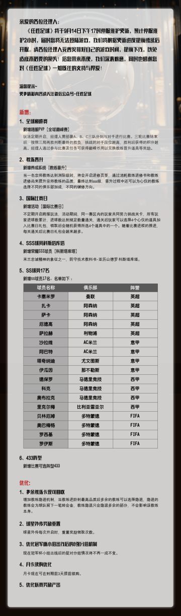 《任性足球》0914停服维护更新公告