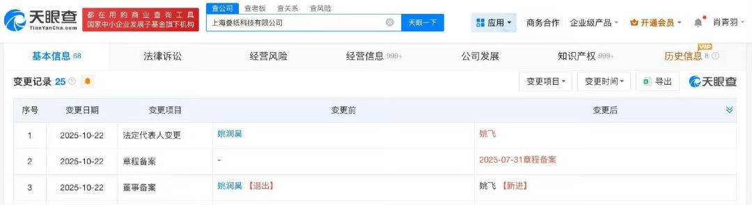 姚润昊卸任公司法人,联合创始人姚飞接棒 2