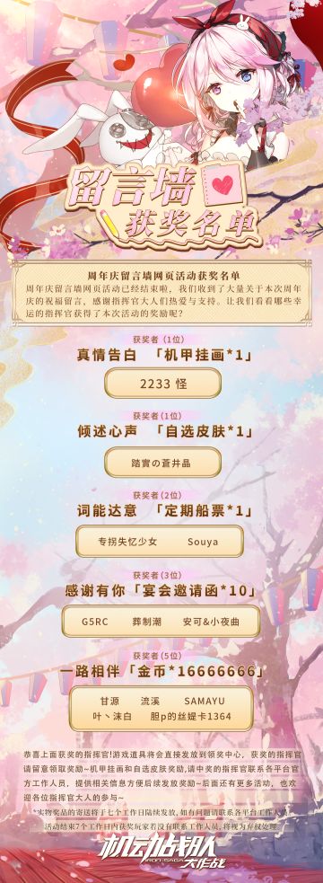 六周年留言墙活动获奖名单公布