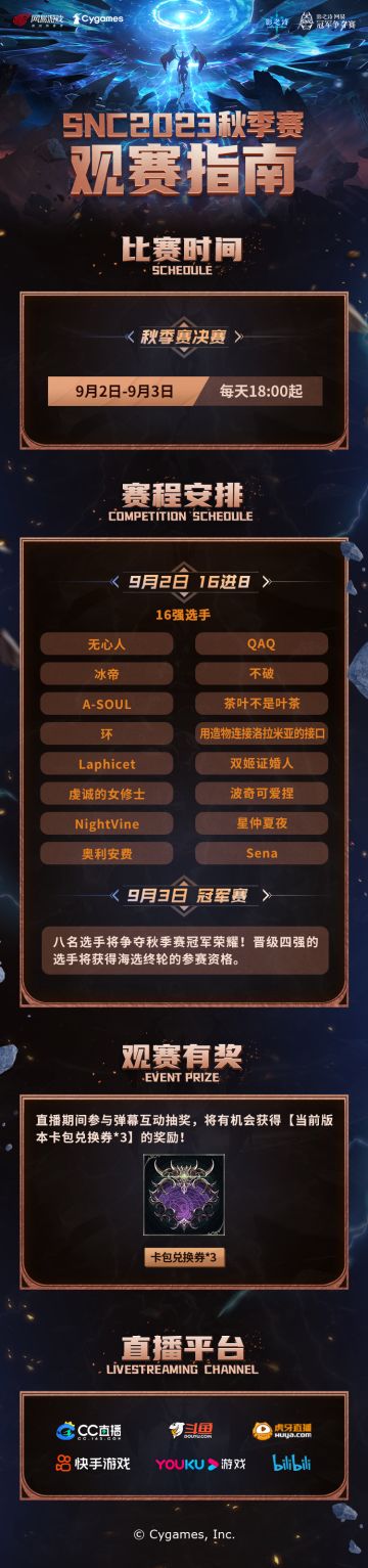 ​SNC2023 秋季赛决赛观赛指南
秋季赛决赛战将于本周末打响！ 9月2日-9月3日每天18:00起，前往官方以及二台直播间，与解说们一同见证冠军诞生吧！
官方直播间：https://live.bilibili.com/37124
二台直播间：https://live.bilibili.com/24394856#影之诗#SNC2023