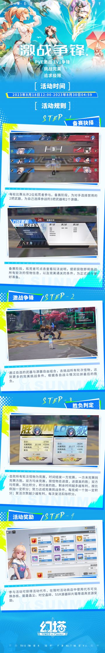 《幻塔》限时活动激战争锋即将开启
激燃开打，挑战完美！限时活动激战争锋8月18日12:00即将开战，1v1与人斗，PvE与怪斗，其乐无穷也~ 
+++活动时间+++
2023年8月18日12:00-2023年8月30日 04:59
+++活动简介+++
每轮比赛允许2位拓荒者参与。备赛阶段，为对手选择禁用的2把武器，为自己选择参战的3把武器和2个源器。通过自选的武器与源器自由组合，去挑战所有轮次怪