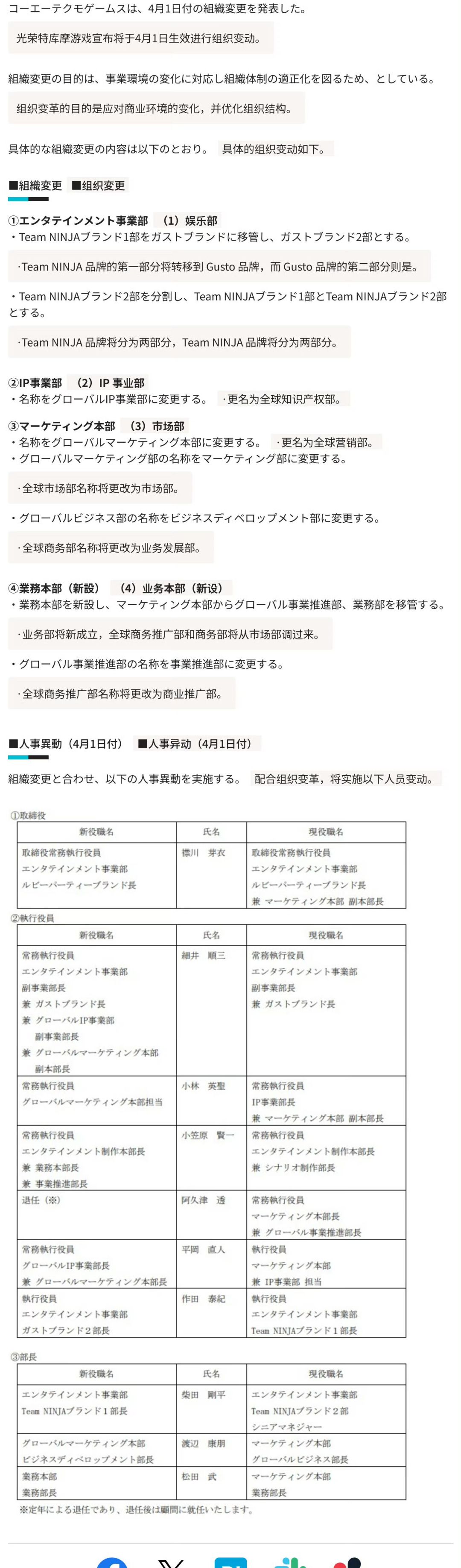 【快讯】光荣特库摩即将实施大规模组调整 2