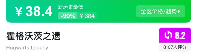 《霍格沃茨之遗》一折新史低¥38.4 2