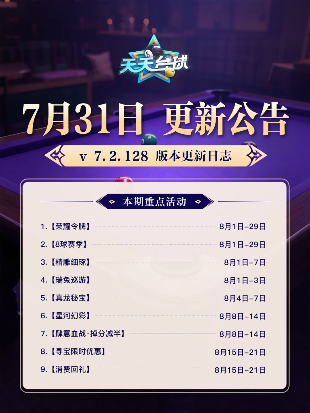 《天天台球》v7.2.128版本更新公告截图
