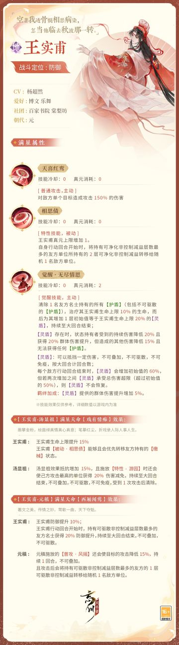 【新名士前瞻·技能曝光】
空著我透骨髓相思病染，怎当他临去秋波那一转。全新地品名士·王实甫战斗技能曝光！
天喜红鸾结同心，无尽情思相思债。王实甫在《西厢记》中雕琢构筑美好爱情，描摹覆色刻骨相思。若彼时世人难以挣脱封建束缚，便让有情人在戏文中比翼双双长相厮守。
来到忘川后的王实甫将作为防御名士出战，使君大人快戳下图了解详情吧！技能以上线实装为准~
☆立即下载游戏：http://t.cn/A6ozcN