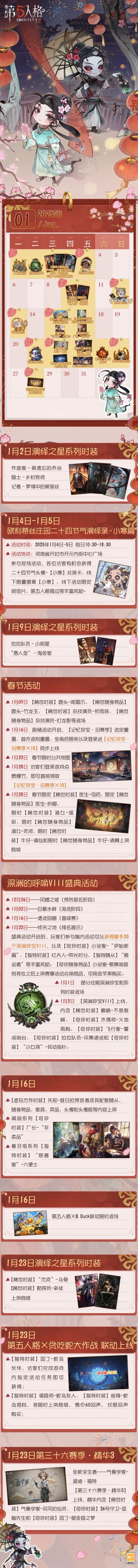 2025年1月日历请查收！ 
深渊的呼唤Ⅷ——【巨骸水畔】盛典海选阶段将于1月2日维护后开启，访客们参与活动可以获得最多20个深渊珍宝VIII，以及【奇珍时装】小说家-“伊始新篇”、【独特时装】红夫人-荣光时分、【独特随从】“搬运者”等丰富奖励~ 
#第五人格COA8 #第五人格
