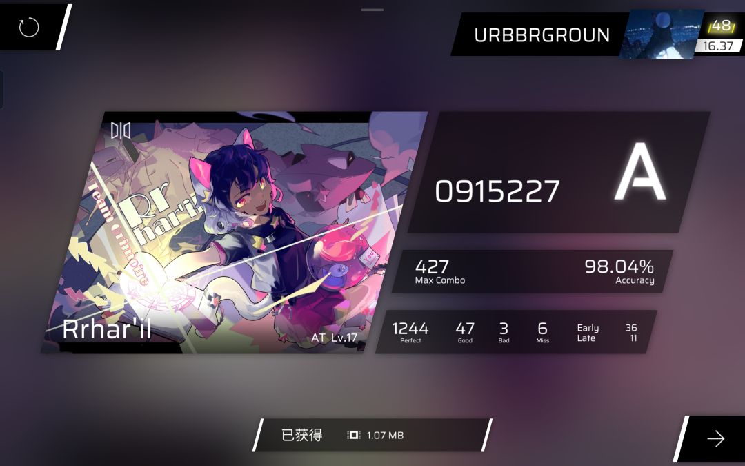 Phigros近日小推+猫娘AT个人首次达ACC98+ 1