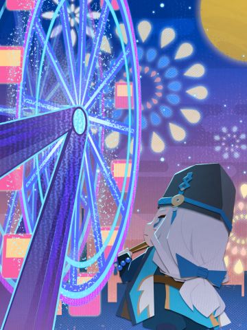 ◇蛇神的人间樱花论·卷一◇
那个人类已经消失很久了，庭院里的其它妖怪也因为缺少指引陷入迷茫。在我望天长叹生活的无趣时，一扇隐秘于天空的窗户猛然引起了我的注意，或许有关那个人类的秘密就藏在那里。
天窗外的景色与庭院的模样大相径庭。夜幕慢慢落下，四周却未被黑暗笼罩，仍是一派灯火通明。五彩斑斓的灯光和热闹喧嚣的街区，吸引了不少人类在此穿梭驻足。不过其中最令我在意的，当属那座悠悠旋转的圆形巨物。耀眼的光芒