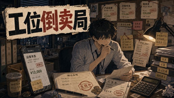 《工位倒卖局》｜我们又开始画饼了，这里一个饼，你那里一个饼
各位打工人，又见面
现实职场里，老板总爱给我们画大饼：未来发展、成长空间、远大前景，饼画得又大又圆，到手工资却一言难尽。
 而在《工位倒卖局》的开发组，轮到我们来画饼了 —— 我们这里画一个，你们那里画一个，大家互相投喂。
在这款模拟游戏里，你化身工位倒卖人，穿梭在二手工位市场。
 看上去高薪双休的神仙岗位，实际可能是弹性加班；招聘文案写截图