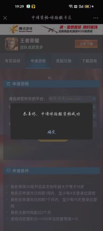 王者申请体验服资格成功