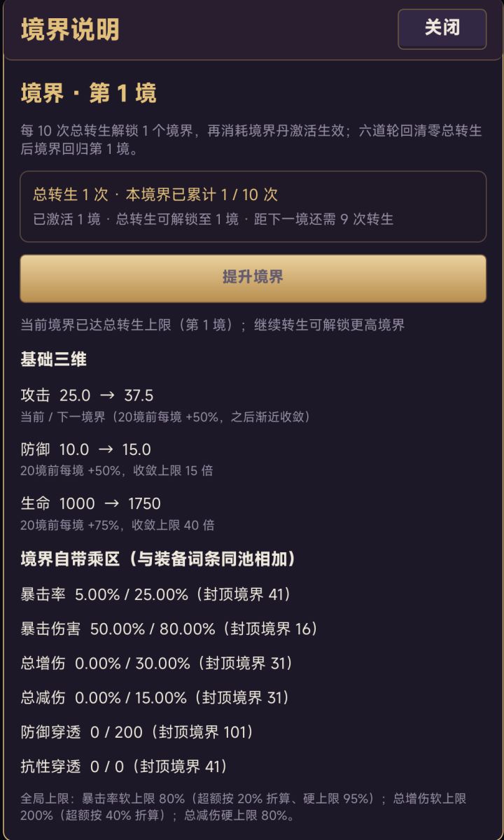 26.10.20更新内容:
1、增加境界,提升战力
2、开启自动转生功能,转生后自动跳转地图
3、装备加载属性
4、增加极限转生自动转换天命宝珠
5、修复经验和出售装备异常bug
6、更新后无存档请点击下载云存档自助恢复
更新礼包:261020更新,内含1000钻石,境界丹5颗截图