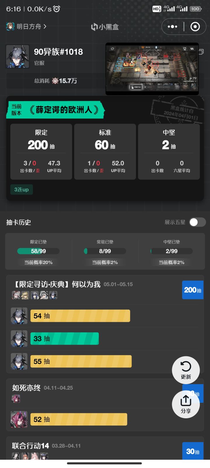 我感觉鹰角有点一言难尽，现在220抽4次都是一个角色，能不能来个祖宗发射器，越充钱越不来截图