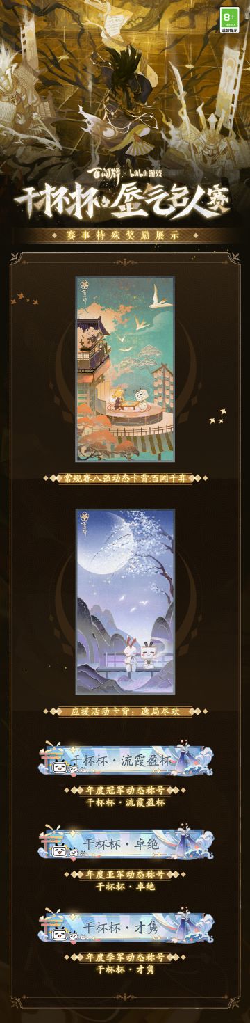牌友相会，欢聚一堂，共享月下举杯之闲适，共启百闻牌局之对弈。百闻之间，自有天地。百闻牌×哔哩哔哩干杯杯·蜃气名人赛赛事奖励展示在此奉上！
楼办将为常规赛8强选手奉上动态卡背「百闻千弈」，同时也为参与应援的客人送上应援活动卡背「逸局尽欢」。获得年度冠、亚、季军的选手更能分别获得动态称号「干杯杯·流霞盈杯」、「干杯杯·卓绝」及「干杯杯·才隽」~
与此同时，第五届干杯杯·蜃气名人赛也正在如火如荼地进行中