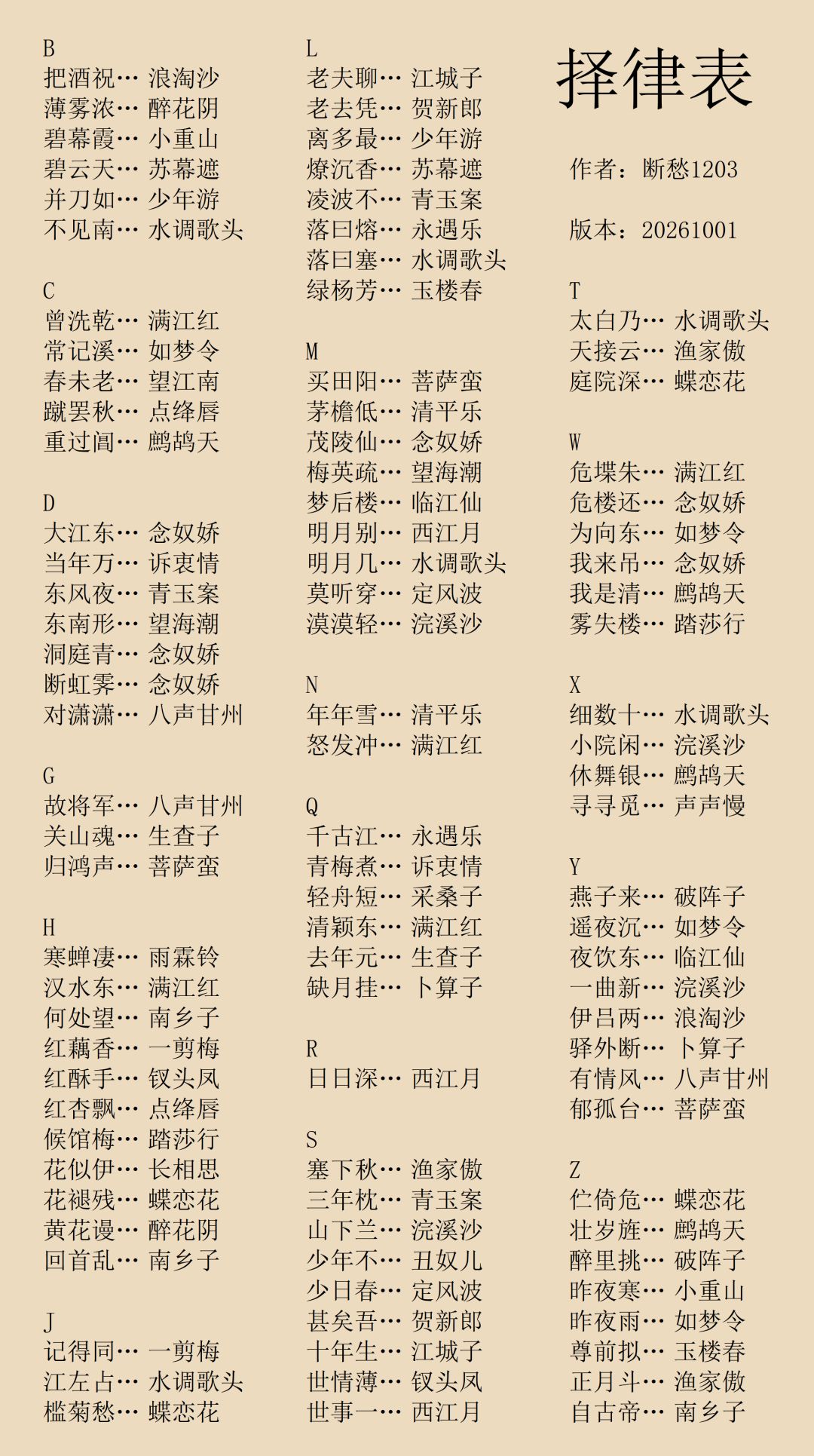 【无悔华夏】宋词择律表~10.1最新版 1