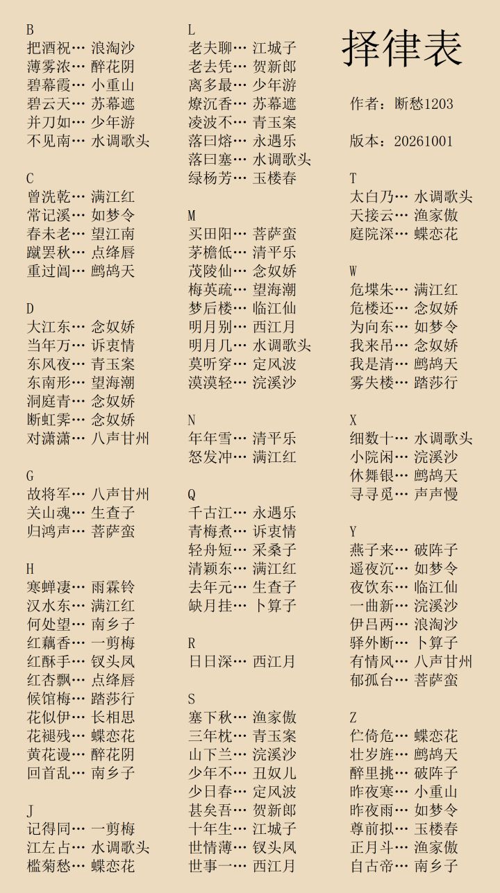【无悔华夏】宋词择律表~10.1最新版截图