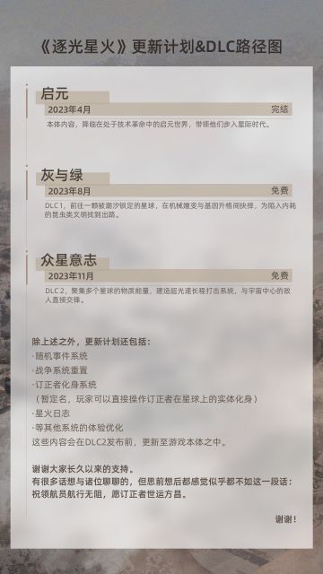 ​诸位领航员，发售以来我们收到了许多反馈，大家最关心的是后续DLC的安排，为此我们将《逐光星火》更新计划&DLC路径图整理如下，感谢大家的关注与支持。#游戏安利#游戏推荐#单机游戏#游戏资讯#国产游戏