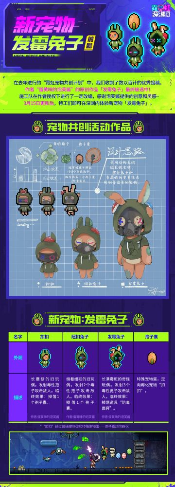 📢深渊电台热点资讯📢
在去年进行的“霓虹宠物共创计划”中，
我们收到了数以百计的优秀投稿。
作者“蛋黄味的泡芙酱”的原创作品「发霉兔子」最终被选中！
施工队在作者授权下进行了一定改编，感谢泡芙酱提供的创意和灵感~
3月15日更新后，特工们即可在深渊内体验新宠物「发霉兔子」。