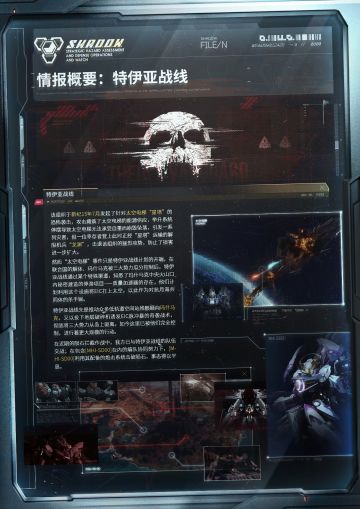 S.H.A.D.O.W. 行动队内部情报概要：特伊亚战线
从“星塔”坠落事件到玛什马克地区的争端，再到近期的陨石拦截作战，S.H.A.D.O.W.行动队已与特伊亚战线多次交手，在包含[MHI-SD00]在内的编队协同努力下，[MHI-SD00]利用其配备的炮击系统击破陨石，事态得以平息。
未来，阻止特伊亚战线依然是行动队的核心任务。