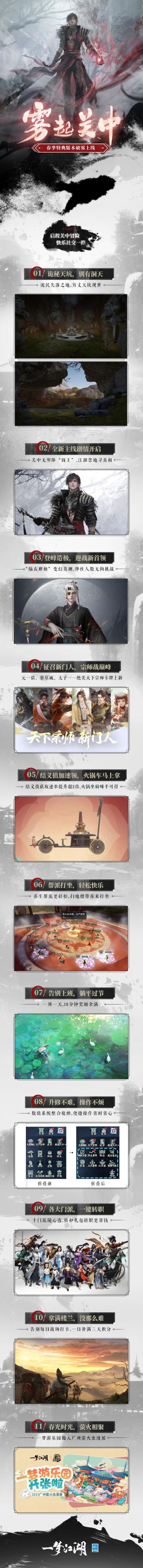 春季特典版本“雾起关中”今日重磅公测！版本精彩内容与十大丰厚福利全掌握！
★拨开迷雾，冒险启程！为寻下落成谜的破招，少侠们即将奔赴关中禁地，探索全新地图——天坑之下的江湖隐秘~更有登峰造极新首领等你挑战，变幻莫测的枯荣武学、多人弹性组队，挑战更快意！
★江湖友你，快乐一路！结义值获取速率提升超2倍，香辣火锅车马上到手！养生帮派轻松快乐，给你江湖温暖港湾！更有广州萤火虫漫展邀约，携手众侠士与少侠同游
