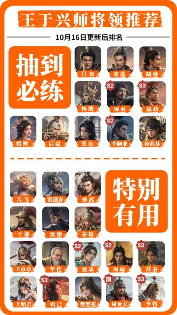 王于兴师10月16日更新后将领推荐