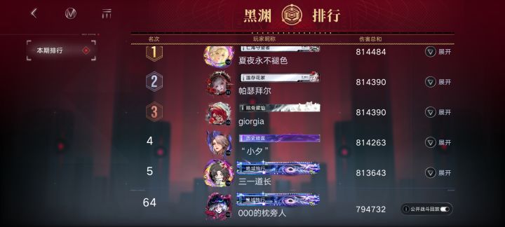 第一期黑渊 新城榜单记录截图