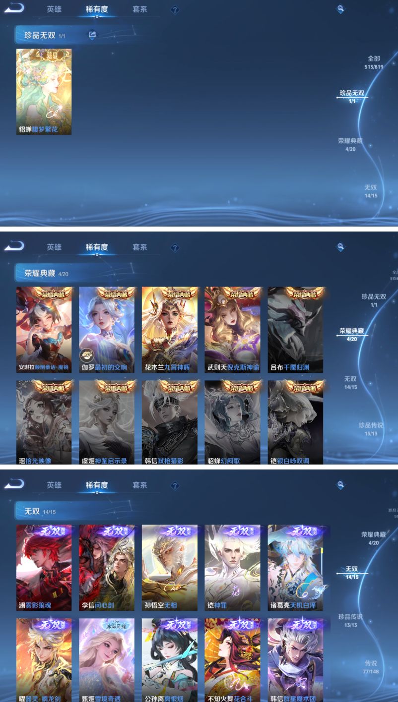 珍品无双:1个 无双至尊:14个 珍品传说:13个 1