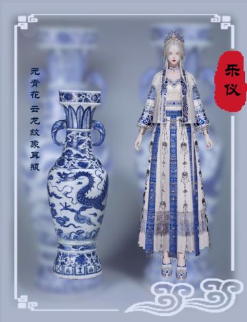 青花云龙纹象耳瓶拟人