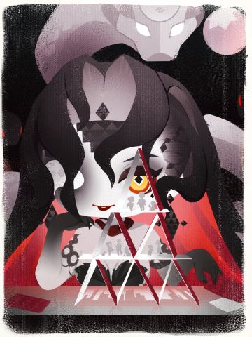 精心搭建的扑克牌高塔之后，是来自虚无的观测。
每一个卡牌组合而成的窗口，都通往不同的世界，无限的命运与可能映射其中。伊邪那美着迷地看着眼前的可能，连通现世的小人或是与同伴玩耍，或与动物嬉戏，都各自行走在自己的轨迹上。
「人类，里面有你的身影吗？」