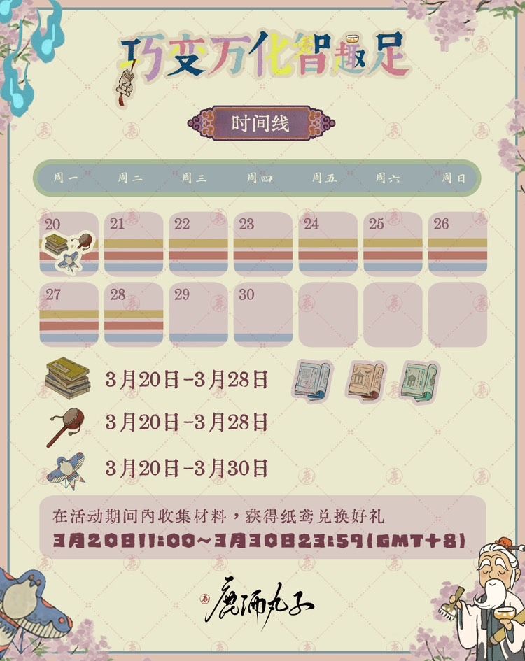 巧变万化智趣足活动梳理

🌸图1-活动时间线梳理

🌸图2-获取诗书
获得时间：3.20-3.28

🌸图3-收集拨浪鼓
活动时间：3.20-3.28

🌸图4-玩具解锁
活动时间：3.28-3.30

🌸图5-解开鲁班锁分析

🌸图6-取下九连环分析

🌸图7-拼凑七巧板分析

🌸图8-礼包奖励内容及兑换截图