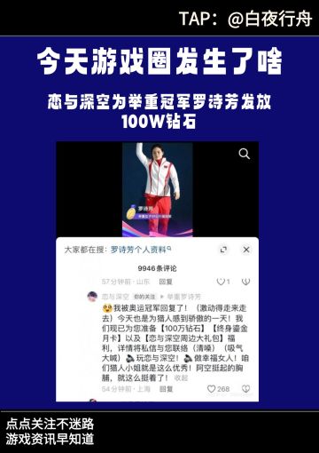 恋与深空为举重冠军罗诗芳发放100W钻石