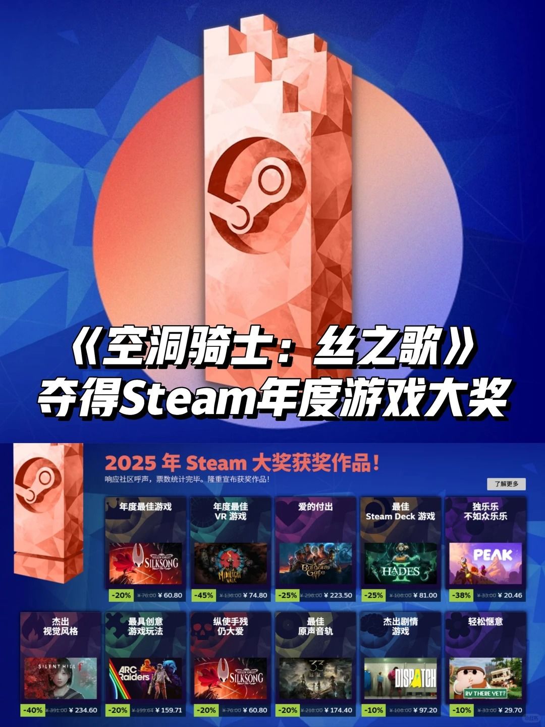 《空洞骑士:丝之歌》夺得Steam年度游戏奖 1