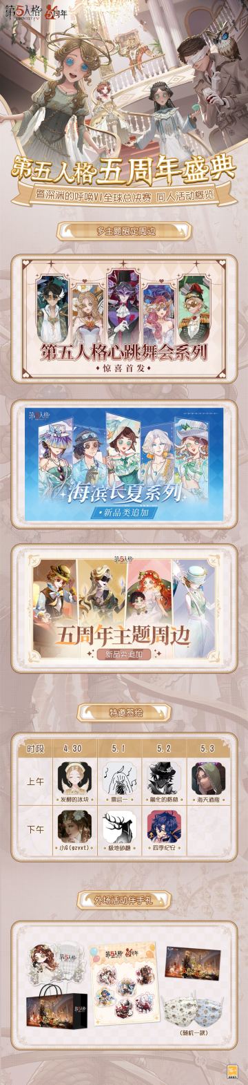 【《第五人格》五周年盛典暨COA6全球总决赛】将于4月30日-5月3日举办。
外场同人活动及限定周边售卖详情公开！
检票时间：每日9:30
本次外场活动，我们为各位到场玩家准备了丰富的互动活动，玩家到场还可领取伴手礼~
同人活动区还有多主题限定周边首发&新品追加和签绘活动。
限定周边：
*第五人格心跳舞会系列惊喜首发
*五周年系列周边新品追加（现场仅售卖图示追加品类）
*海滨长夏系列新品追加（现场