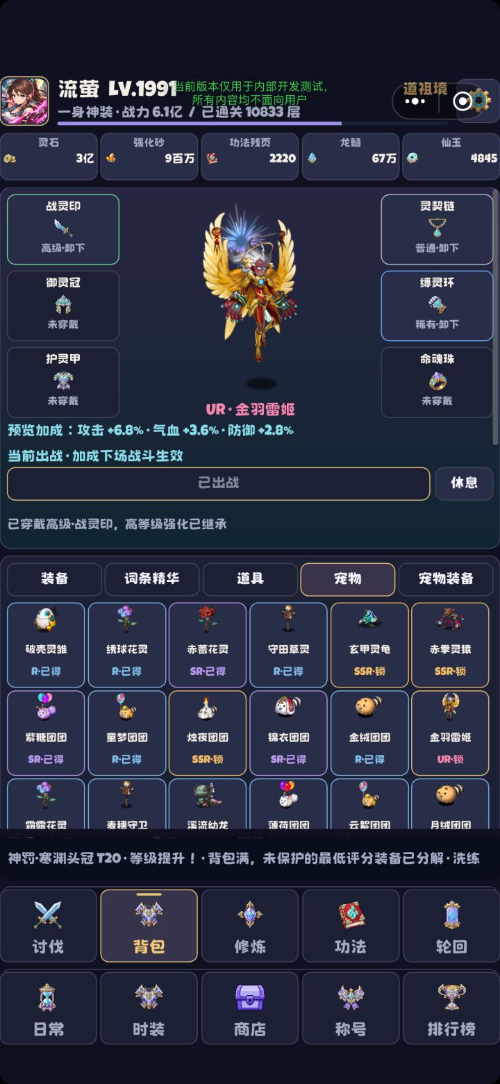 更新宠物打造体系,包括抽卡,装备,优化省电模式帮助挂机时减少内存消耗,Best regard截图