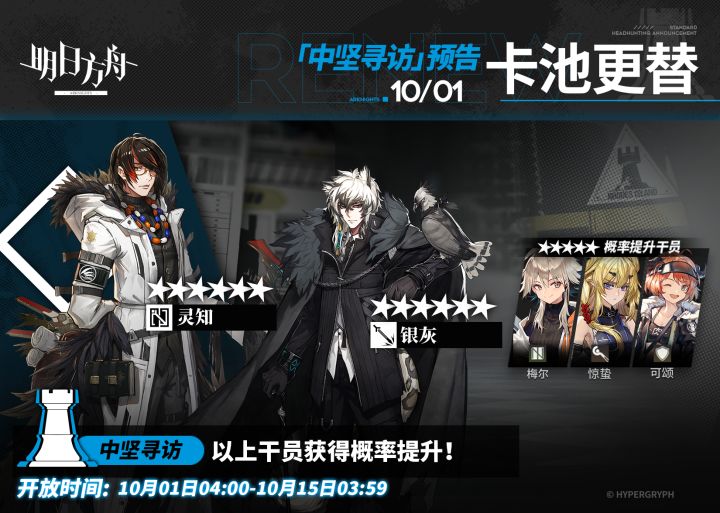 【中坚寻访】
起止时间:10月1日04:00 ~ 10月15日03:59
寻访说明:该寻访中以下干员获得概率提升;
★★★★★★:银灰 / 灵知(占6★出率的50%)
★★★★★:惊蛰 / 梅尔 / 可颂(占5★出率的50%)
*本次寻访期间,以下干员可于凭证交易所内使用高级凭证或通用凭证兑换:灵知、梅尔
更多后续活动内容及最新消息请关注《明日方舟》游戏内公告,感谢大家的支持截图