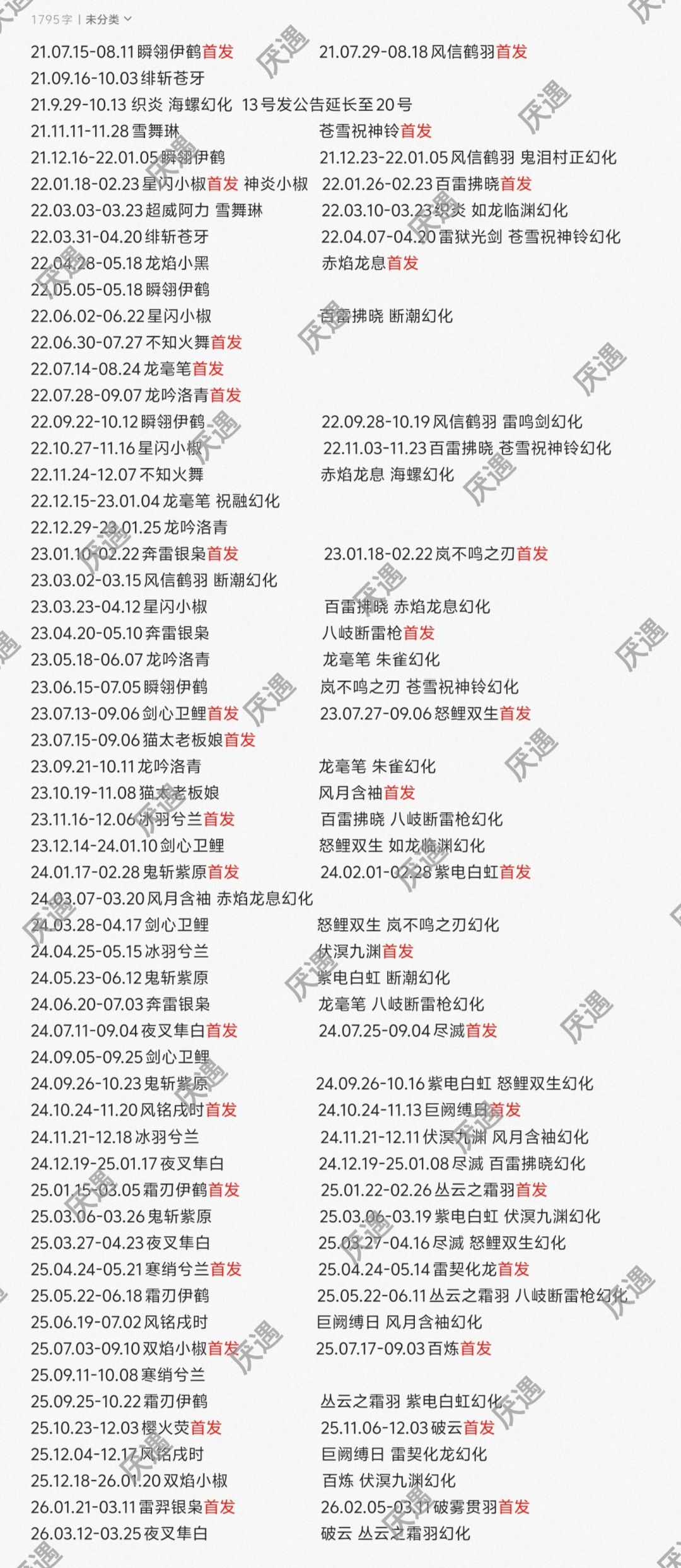 统计了一下从瞬翎伊鹤首发后的池子，需要自取[表情_吃瓜]截图