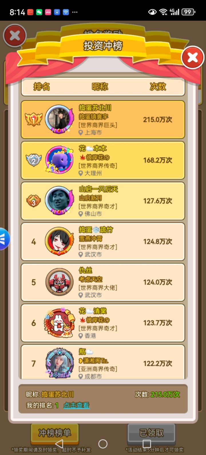 首次本服冲榜第一纪念截图
