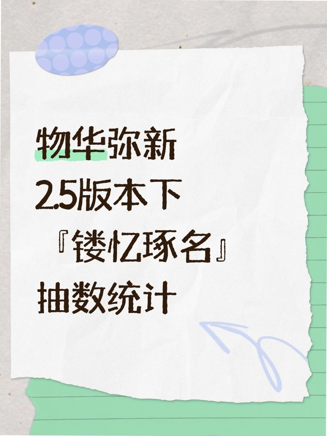 物华弥新2.5版本下『镂忆琢名』抽数统计
p2是抽数统计
p3是汇总，包含零氪月卡等统计
p4是官方福利图
	
ps：①试炼场、角色试用部分，可以根据个人情况进行删减
②零氪不含召集返利统计在p3
③月卡赠送的6彩珀未计算在内
④该版本不跨月，故相较于上版本缺少可兑换的15抽#物华弥新创作者激励计划 #物华弥新抽数统计 #物华弥新攻略截图