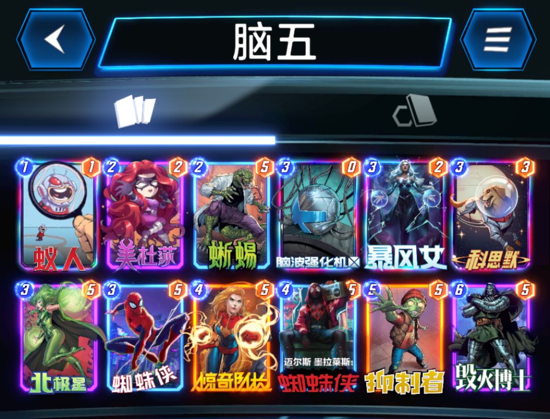 发点冷门的，其实以前也有人发过，脑五。
核心卡就两张，杜姆和脑机
主要战力是惊队，聪明队长真心拯救世界，最后一波自由发挥总能出人意料
干扰卡蜘蛛侠和北极星，用来对付那些需要拜阵型的卡组极好用。
狗是用来保护脑机的。
暴风女是用来破坏不利地形的。毕竟咱们是脑五。
这套卡组其实强度只能算中规中矩，但优势就在于其他的脑二脑三抽不到脑机就是废了一半，但这一套就算脑机捏在手里也不是说一定就要下的，获胜方法永截图