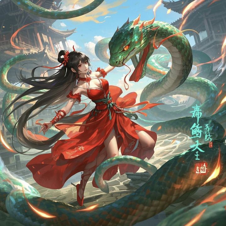 🔥【蛇系英雄设计·赤练舞者·青鳞】🔥
——元素大陆首位可切换人/蛇双形态的春节限定英雄——
🟥【核心设计理念】 将东方舞龙元素与蛇类柔韧特性结合,以"火红绸缎+青鳞蛇尾"诠释新春战舞美学,技能组融入鞭炮/春联/年兽等传统意象。
🟩【形象设计】 •人形态:红绸束发的少女舞者,赤金异瞳,手持丈八蛇矛状绸缎枪,腰间缠绕爆竹锁链 •蛇形态:青鳞覆盖的巨蛇,鳞片间隙透出熔岩纹路,尾部系着破损的鎏金春联 •春截图