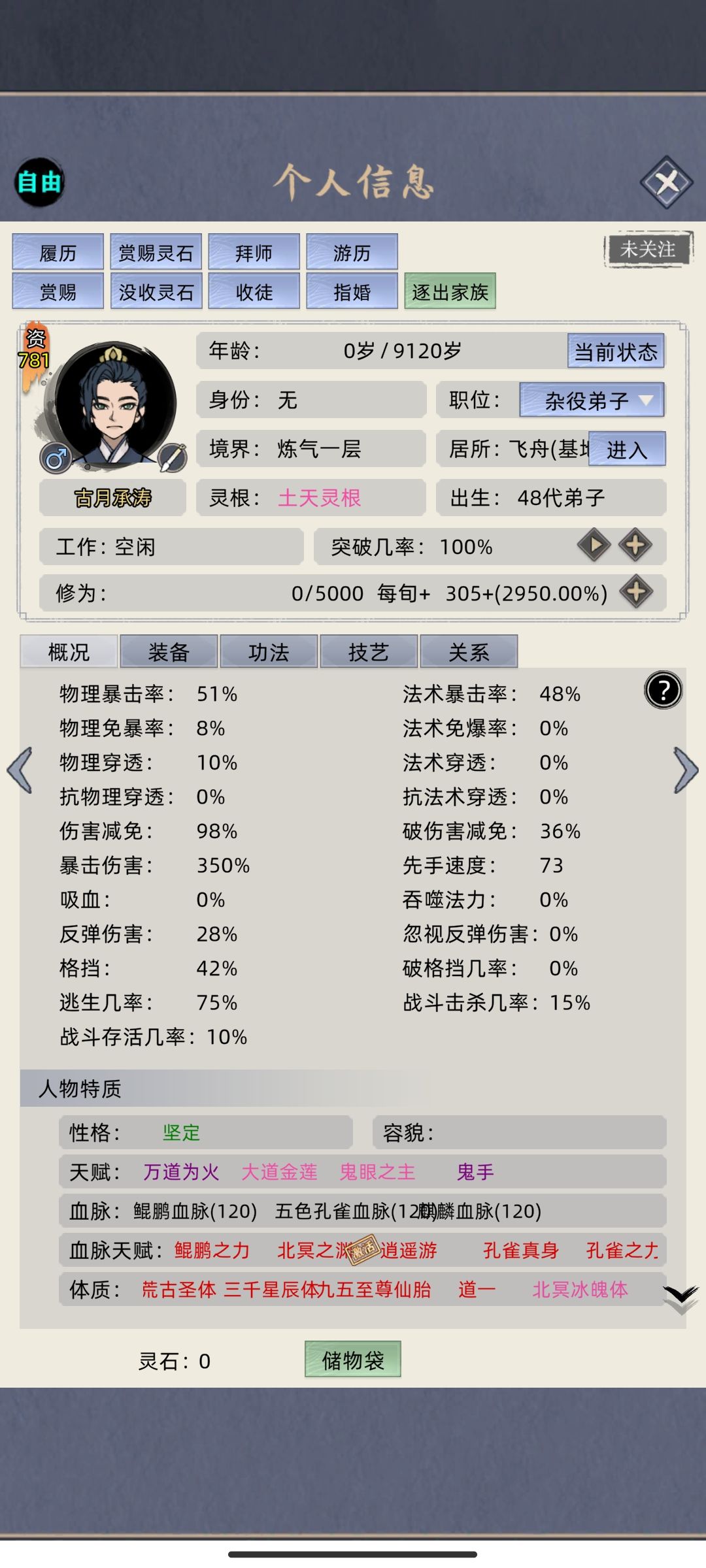 9主角体4名人天赋2配角体,看下出生面板吧 2