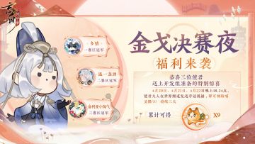 【#第九届金戈至尊# 决赛夜结果公布】
历“九”弥坚，锋刃乃砺，恭喜以下三位选手荣获第九届金戈至尊跨服赛冠军！
第一赛区冠军：山河令服务器【多情】
第二赛区冠军：浩歌临风服务器【温一盏酒】
第三赛区冠军：春花秋月服务器【备利亚小淘气】
小麒麟特来送上开发组准备的特别惊喜！明日起，使君大人晚上18-24点在世界频道发送夺冠祝福，如：恭喜【多情】夺冠，即可领取喵灵偶*3！持续三天，累计可得喵灵偶*9~