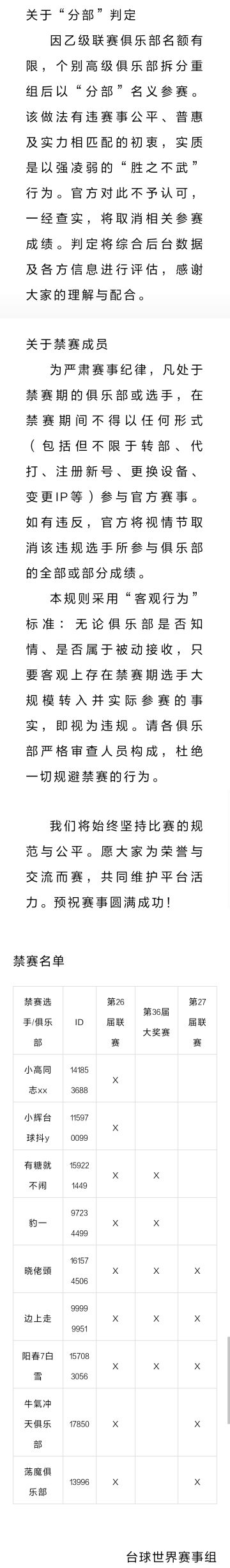 必看！赛事“分部”及禁赛说明
