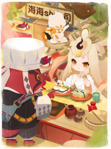 最新消息，美食屋试营业来了位尊贵的客人！
海坊主大厨满面春风，热情地向天照女神介绍他的独家创新力作。他坚信，自己精湛的厨艺肯定能深深打动这位美食家。
荷包蛋寿司软嫩滑爽，魔鬼椒寿司火热爆辣，折耳根寿司滋味别具一格……每一口都会是味蕾的极致享受。天照手执筷子，目光流转在每一道寿司之间，迫不及待想要一品美味。
而另一边，白鼬也在认真地给美食屋写着开业牌匾：「海海shou司……啊！ 怎、怎么写来着(っ