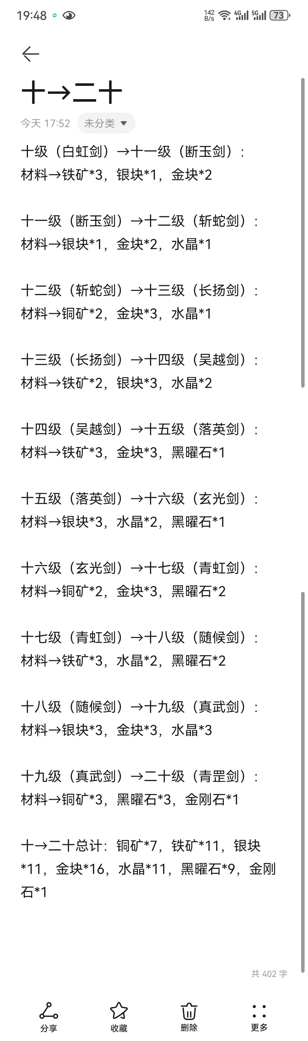 每一级升级所需材料 2