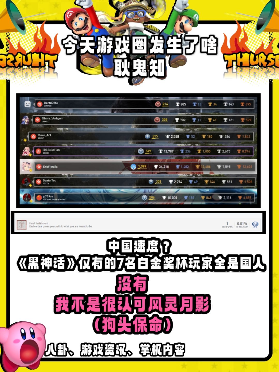 黑神话白金杯全是中国玩家没有风灵月影。 1