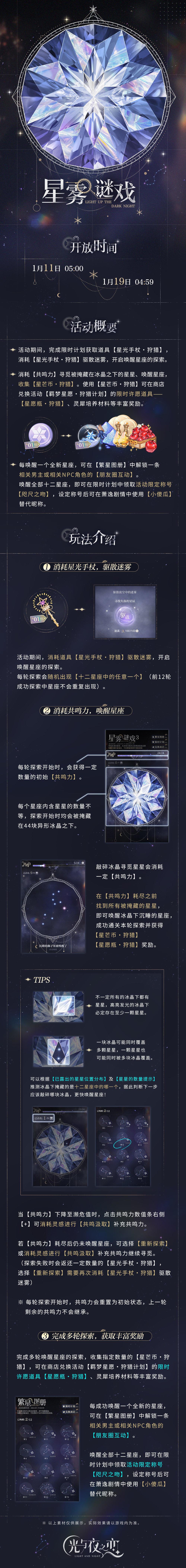 等了一年的最后一期转盘终于到了。 
手动重新发一遍。毕竟萌新似乎期期都有，能捞一个是一个。 
去微博扒拉了一点攻略图。
如果，看教程图没能看明白，那上手戳过一两次就明白了，这个活动比较大的问题就是，补共鸣力的时候如果体力不足60，是不会跳出来吃苹果回体力的提示和界面的，此时不要慌张，【不要点结束】，左上角戳那个房子一样的图标直接切回主页，然后吃苹果把体力吃到60以上，再回来活动界面点共鸣力条的加号回共鸣力就可以了。
如果提前结束了当前的点星图，法杖是不会百分百返还的，只会返你80，然后你就只能看着这不完整的法杖直到活动结束。商店也好，任务也好，你是补不齐全这80的。 
希望氪金收益最大化拿卡，每天买完每日的2石一瓶就行，等到最后一天再氪金买3石一瓶，以免限时瓶烂在背包里白白亏掉。
还有商城的12软手杖礼包性价比很低，别买。如果界面感觉有什么不对，长得似乎不太一样，先修复。 
第一张是官方出的教程。 
第二到四是星图要点的块，对应一下把浅色的戳了就应该能行。 
怎么分辨是哪个星座，星盘左上方有星星数量，看一眼是几个，然后对应过去找是啥星座，不过11星和13星有俩，要区分一下。 
星图来源是微博的信使攻略站。

本期转盘已经是最后一期，其他人的都已经出过了，看微博说法似乎是有复刻，但是不清楚复刻模式，只提了一句星愿瓶仍然会保留。有很大可能复刻形式仍然是转盘。截图
