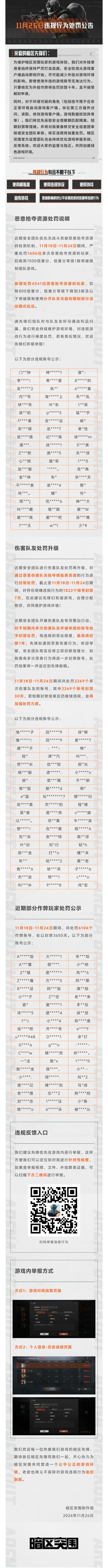 【安全处罚公告】恶意抢夺资源及伤害队友行为处罚公告 11月26日
