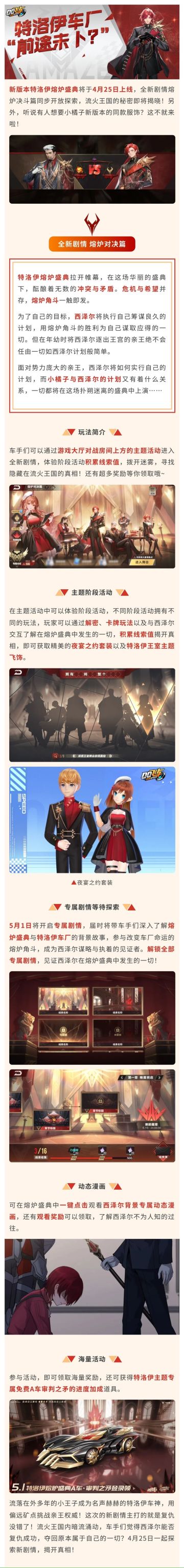 新版本爆料① | 熔炉盛典即将开幕，全新剧情等待探索！

全新剧情熔炉决斗篇开放体验，完成专属剧情，领特洛伊小橘子同款夜宴之约套装；集积累线索值，获取特洛伊王室主题飞饰！

全新版本熔炉盛典将在4月25日，让我们一起探索全新剧情，揭开流火王国的秘密~