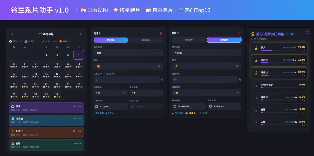 【游戏工具】铃兰跑片助手 v1.0：自动算跑片天数+社区榜单截图