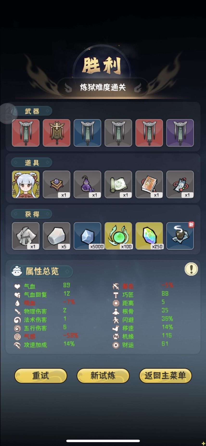 傀儡师炼狱难度
核心道具治疗傀儡 武器招魂幡为主
运营思路 前期机缘财运巧匠，中后期叠肉，绕着傀儡跑，因为有治疗傀儡不掉血截图